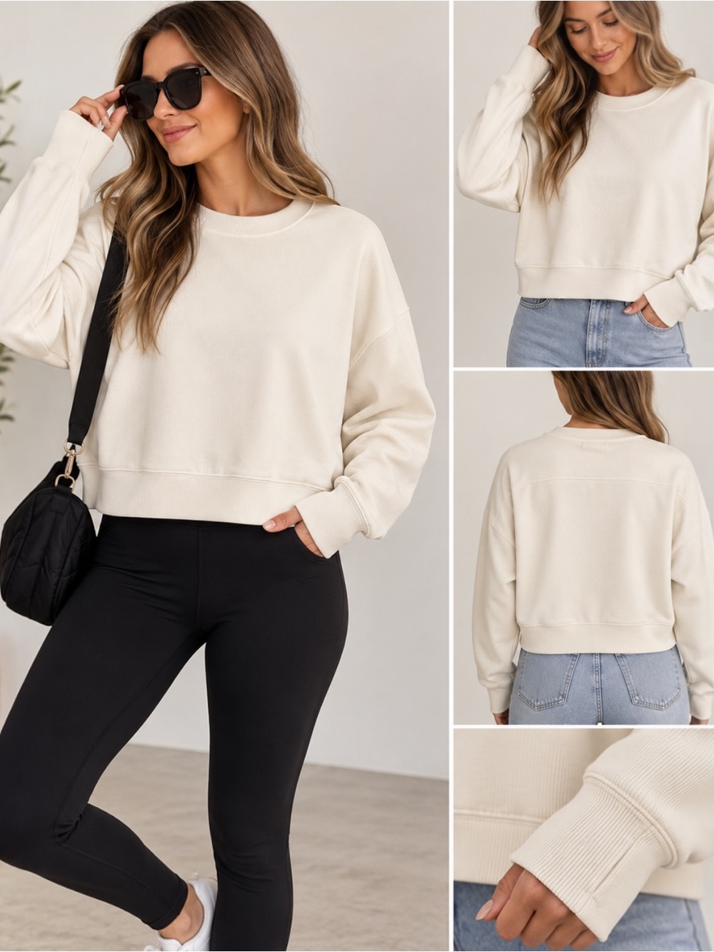 Danskin Scuba Rib Luxury Sweatshirt Women XL Birch Cream Boxy Cropped Thumbholes